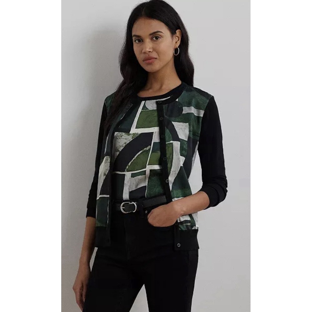 $289 Lauren Ralph Lauren Geo-Print Cotton-Blend Cardigan Black Green Size PXS